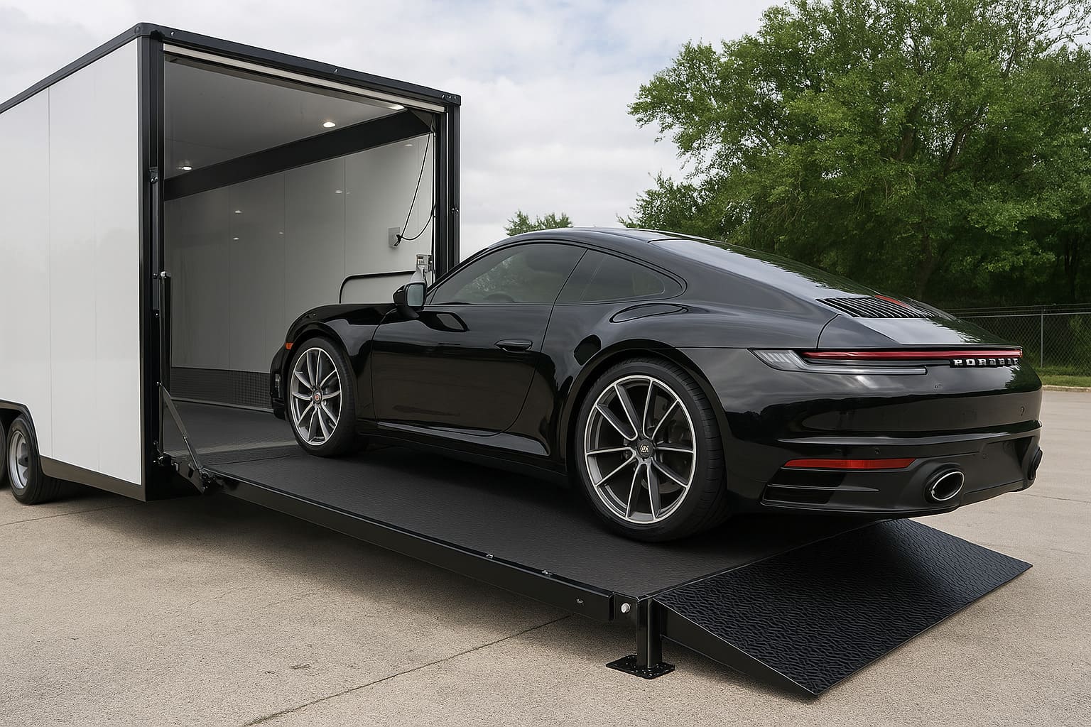 Black Porsche sports car being loaded into an enclosed trailer for secure and protected auto transport.