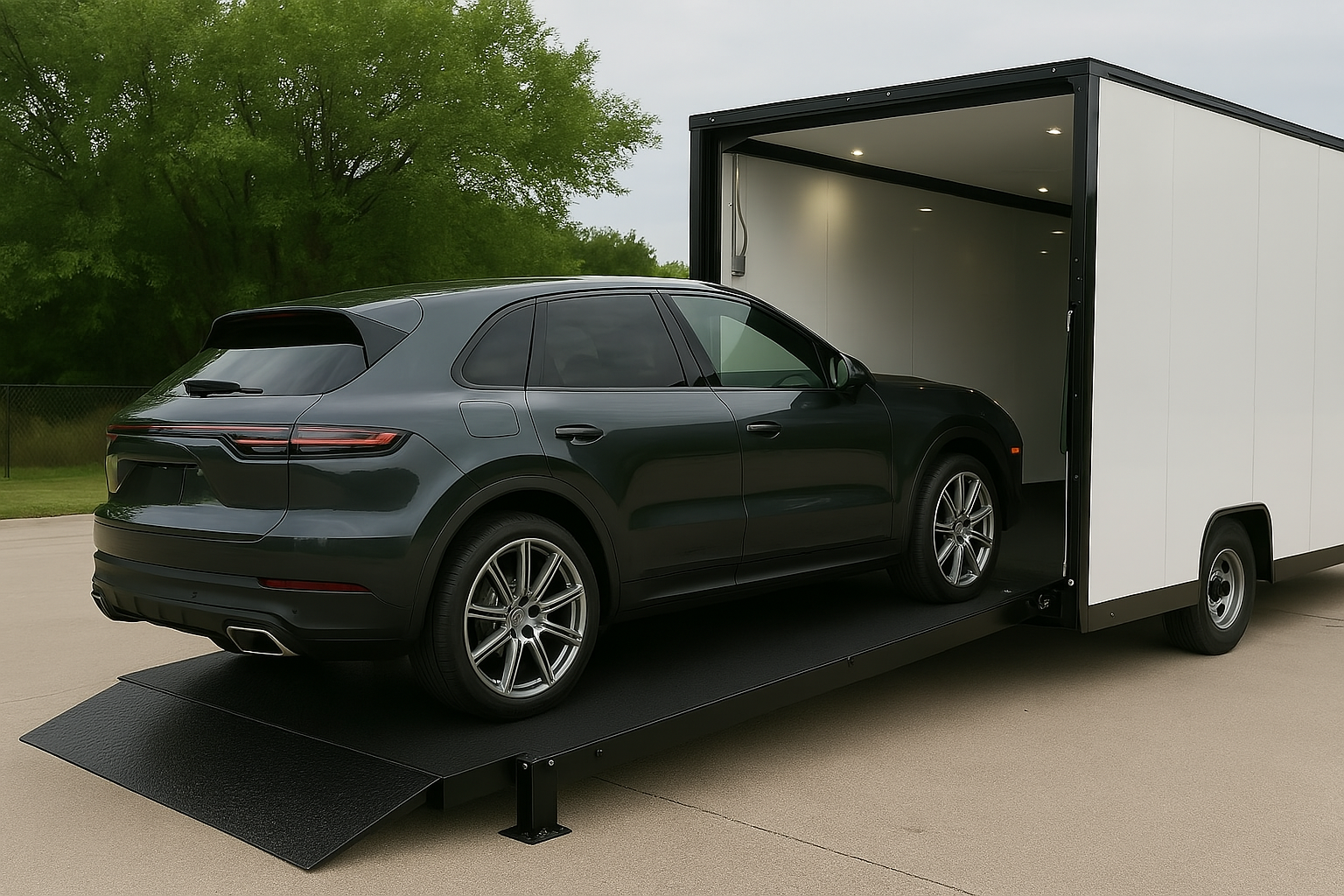 A black SUV being loaded into an enclosed car transport trailer, representing secure vehicle shipping.