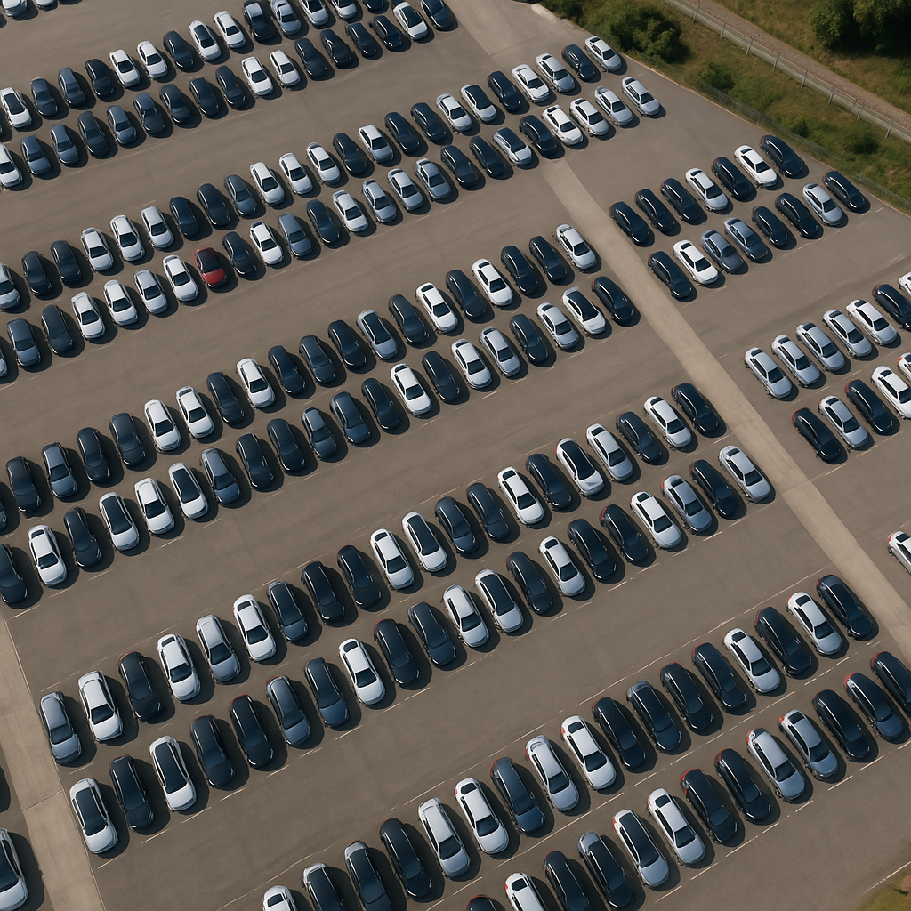 Aerial view of a terminal lot filled with neatly parked cars, illustrating the terminal-to-terminal car shipping process.