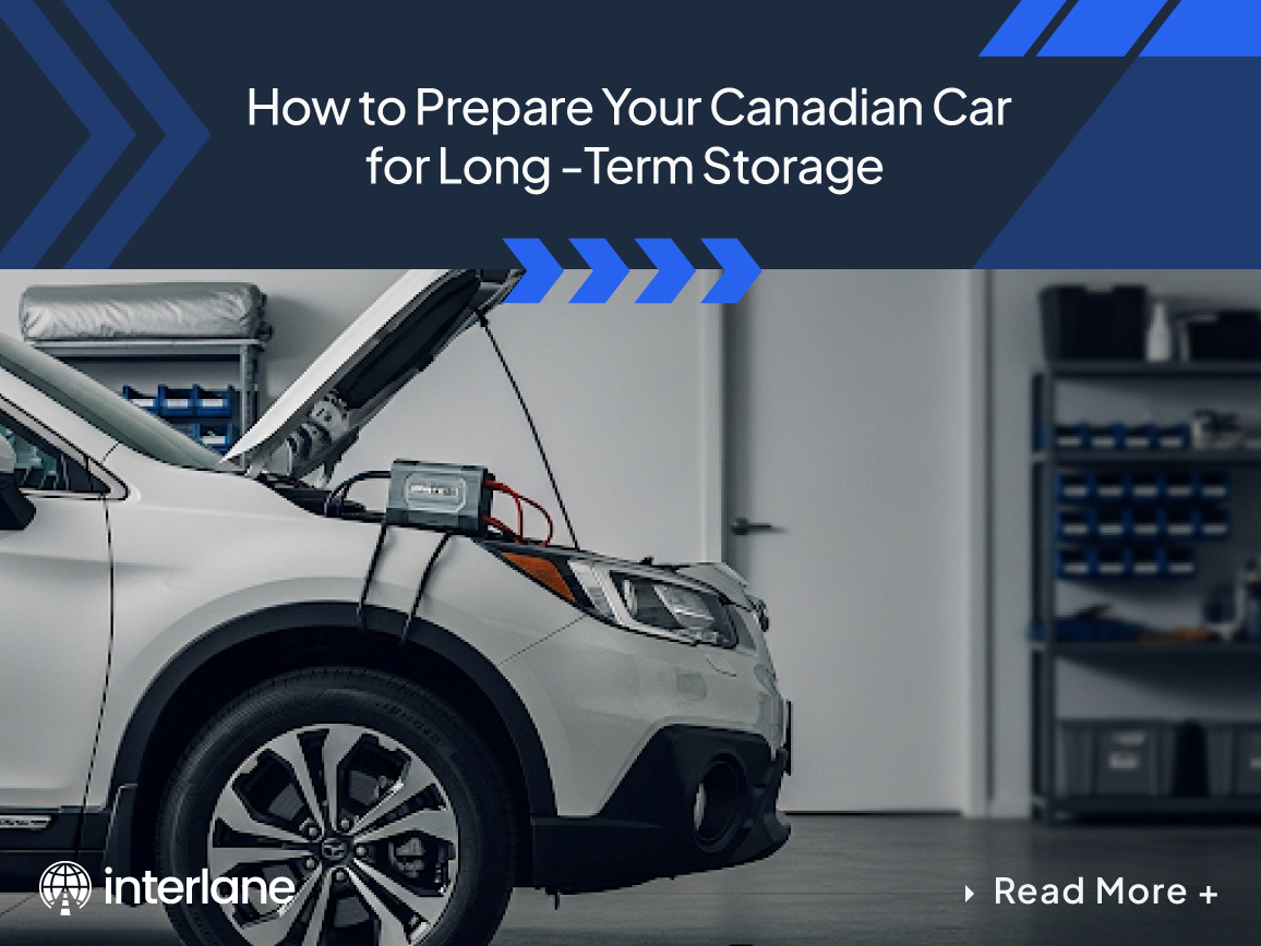 White SUV in a garage with hood open, battery maintainer attached and fuel stabilizer, oil, and tire gauge laid out—preparing a Canadian car for long-