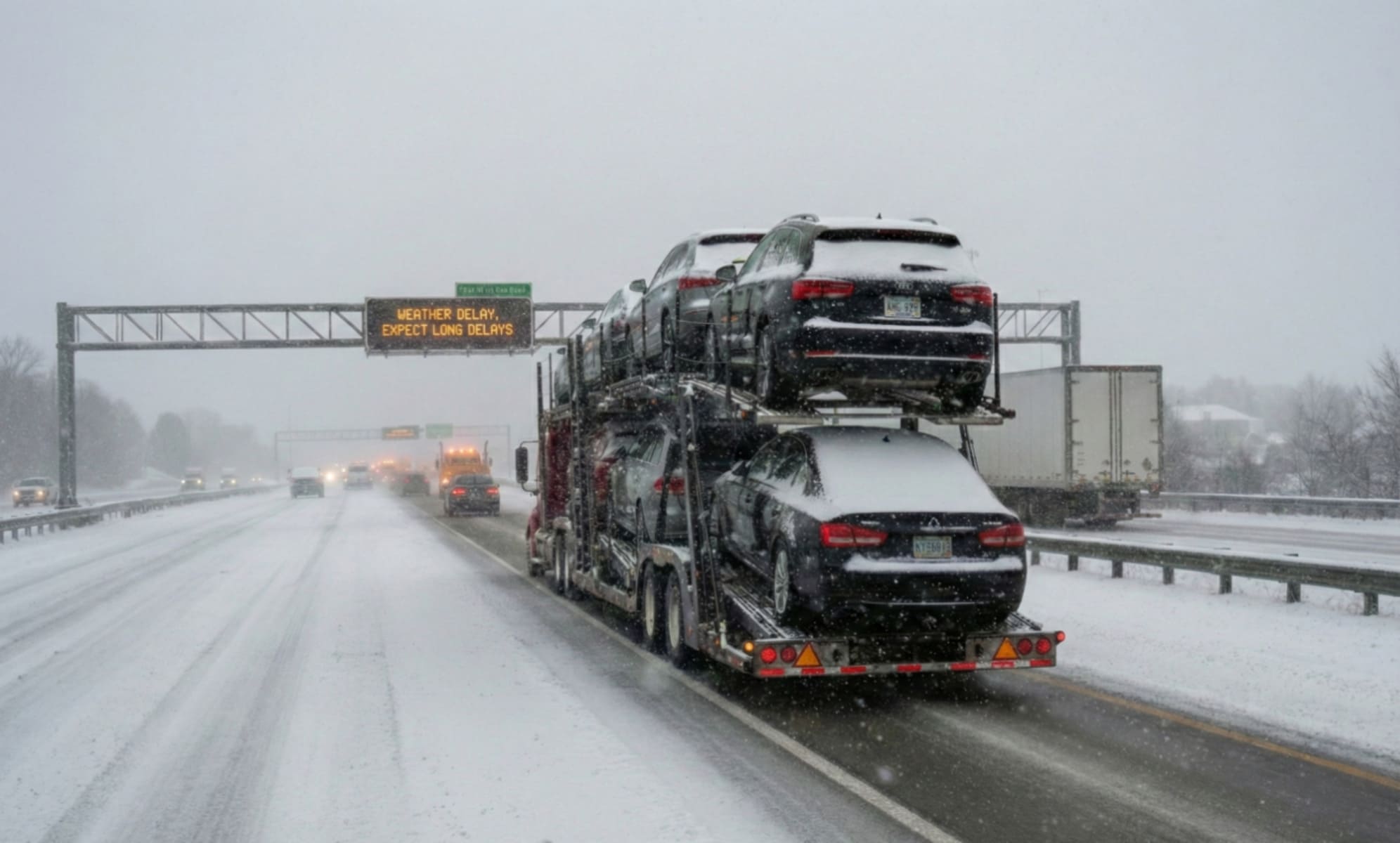 Car carrier truck parked on highway during weather delay with vehicles loaded for transport