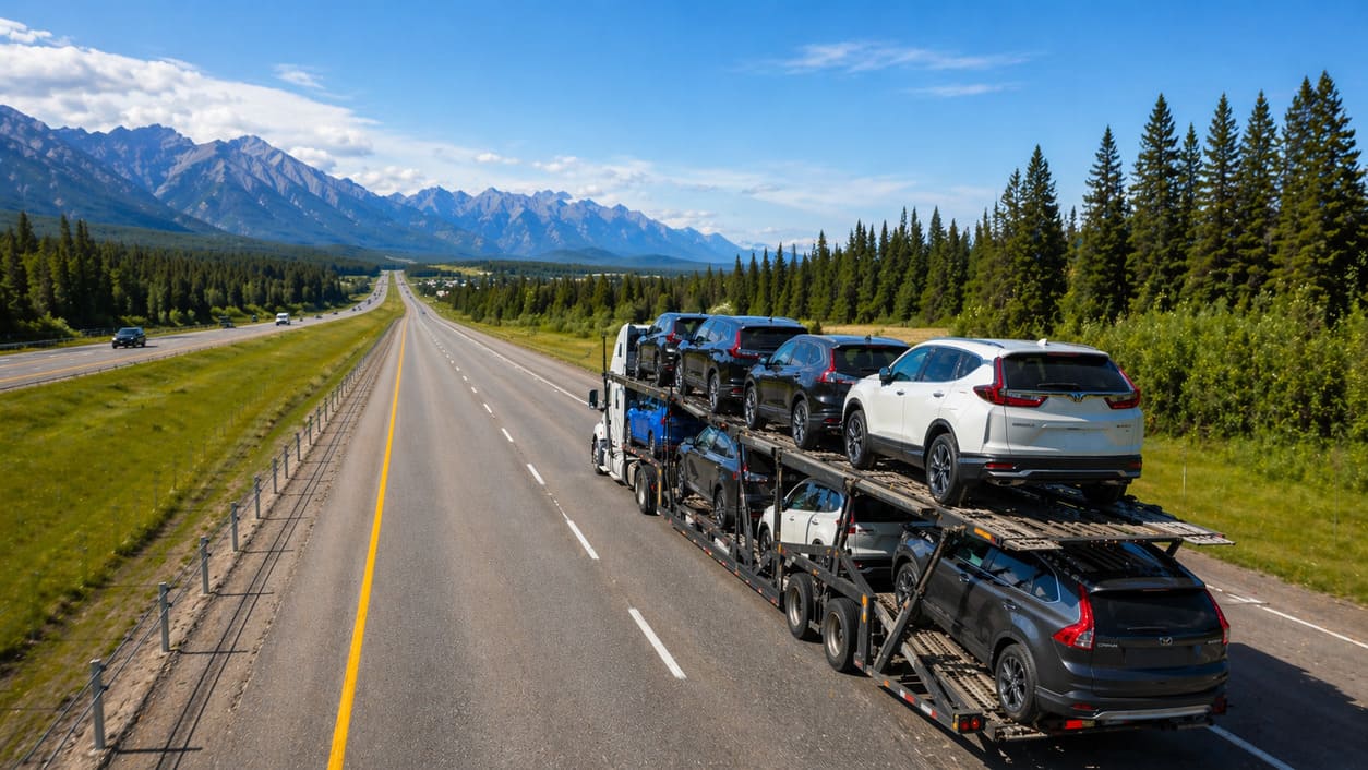 Fully loaded open car transport truck on a Canadian highway