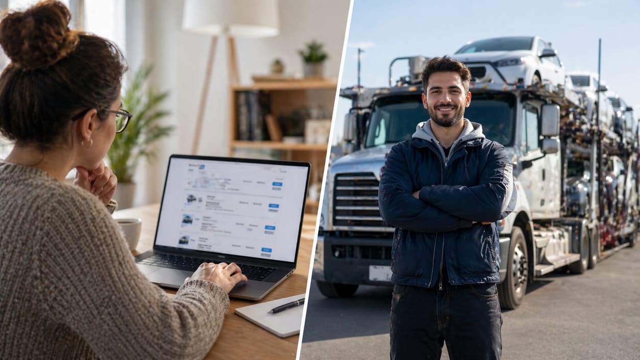 Car shipping broker versus direct carrier comparison showing a person comparing quotes online and a transport truck driver