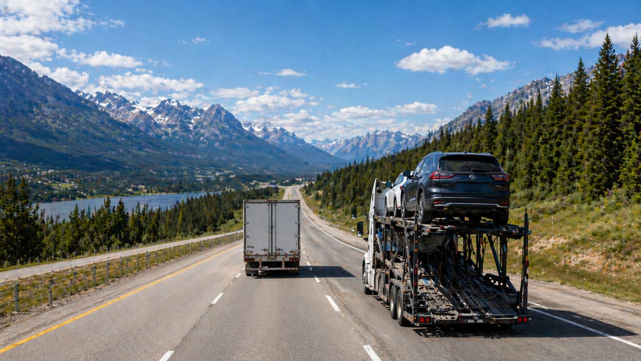 Car on a transport truck during a provincial move in Canada with a moving truck in the background