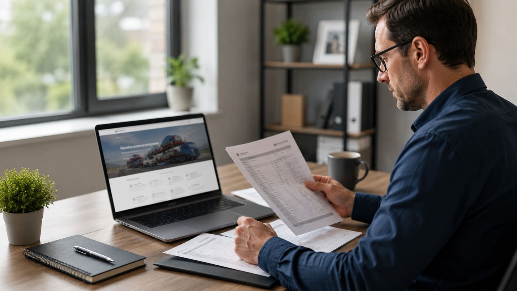 Person researching and comparing car shipping companies in Canada on a laptop before booking