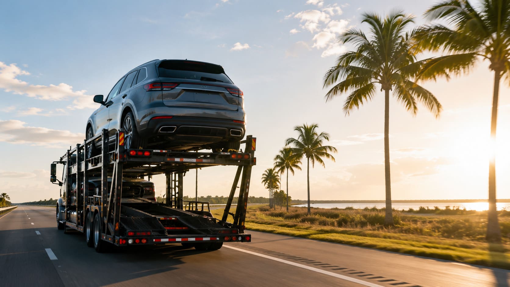 Car transport truck heading south on a highway for snowbird season shipping from Canada to Florida
