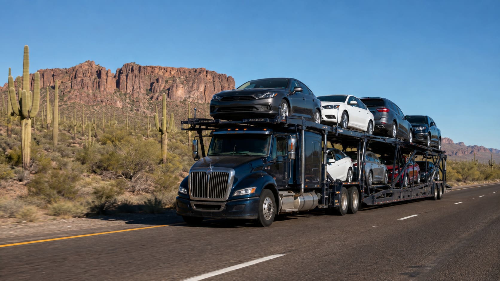 Car transport truck on a desert highway heading to Arizona for snowbird season