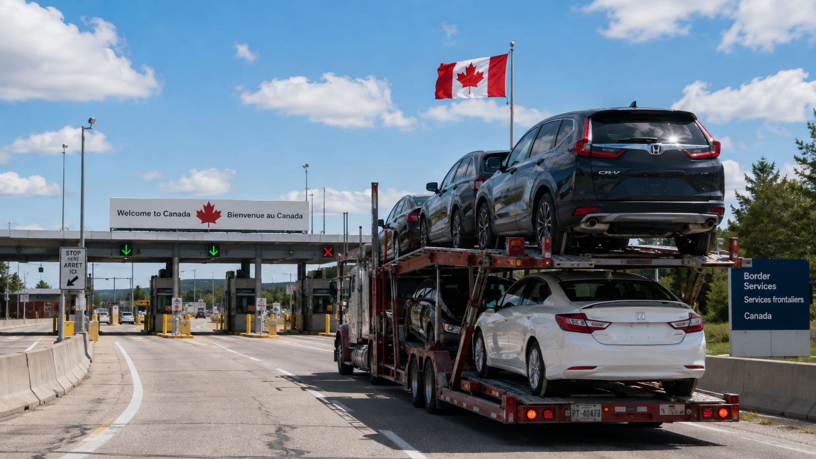 Car transport truck crossing the US-Canada border for vehicle shipping from the USA to Canada