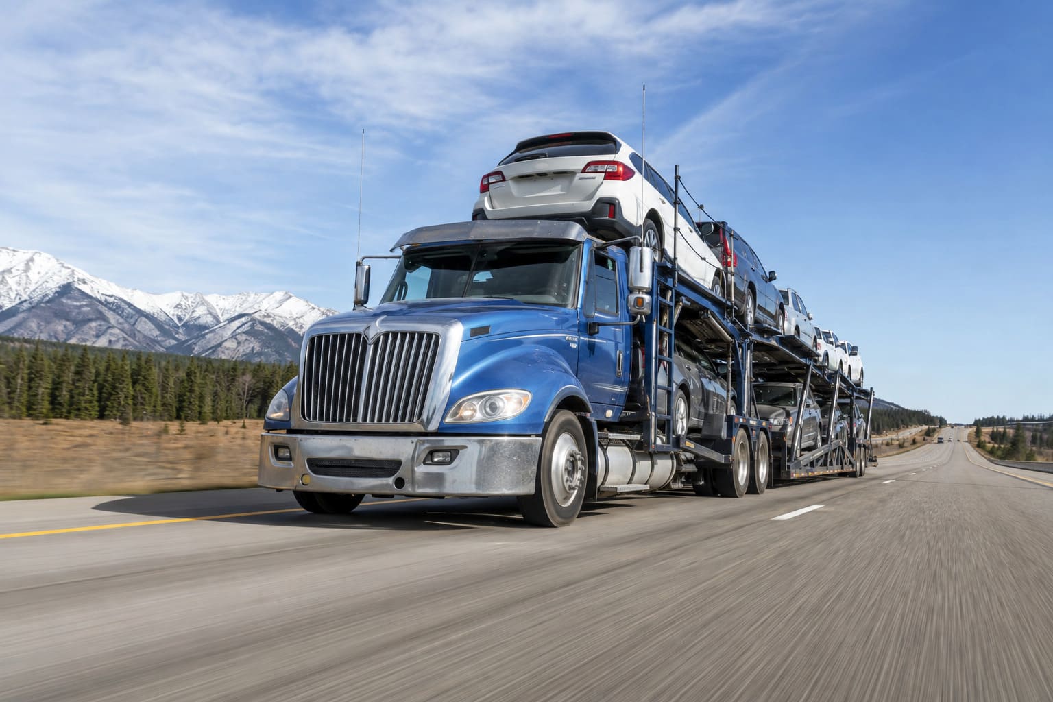 Express car transport truck moving quickly on a Canadian highway for urgent vehicle shipping