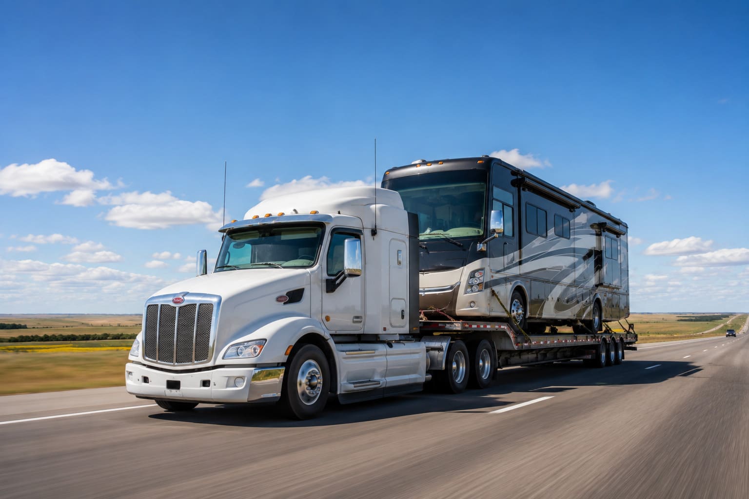 Large Class A motorhome being transported on a Canadian highway via driveaway service