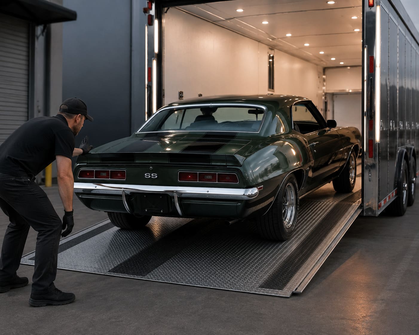 Classic car being carefully loaded into an enclosed transport trailer for shipping across Canada