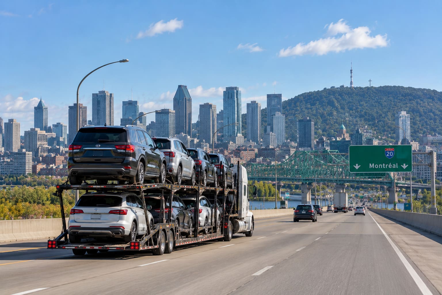 Car transport truck on the highway with the Montreal skyline in the background