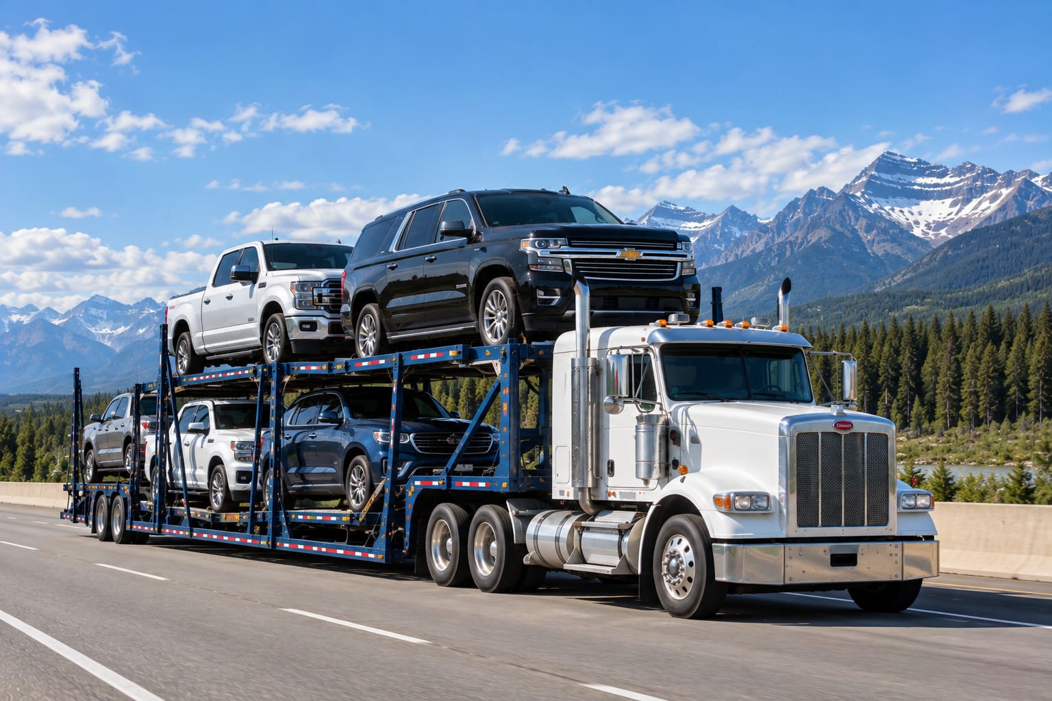 Full-size SUV and pickup truck loaded on an open transport carrier for shipping in Canada